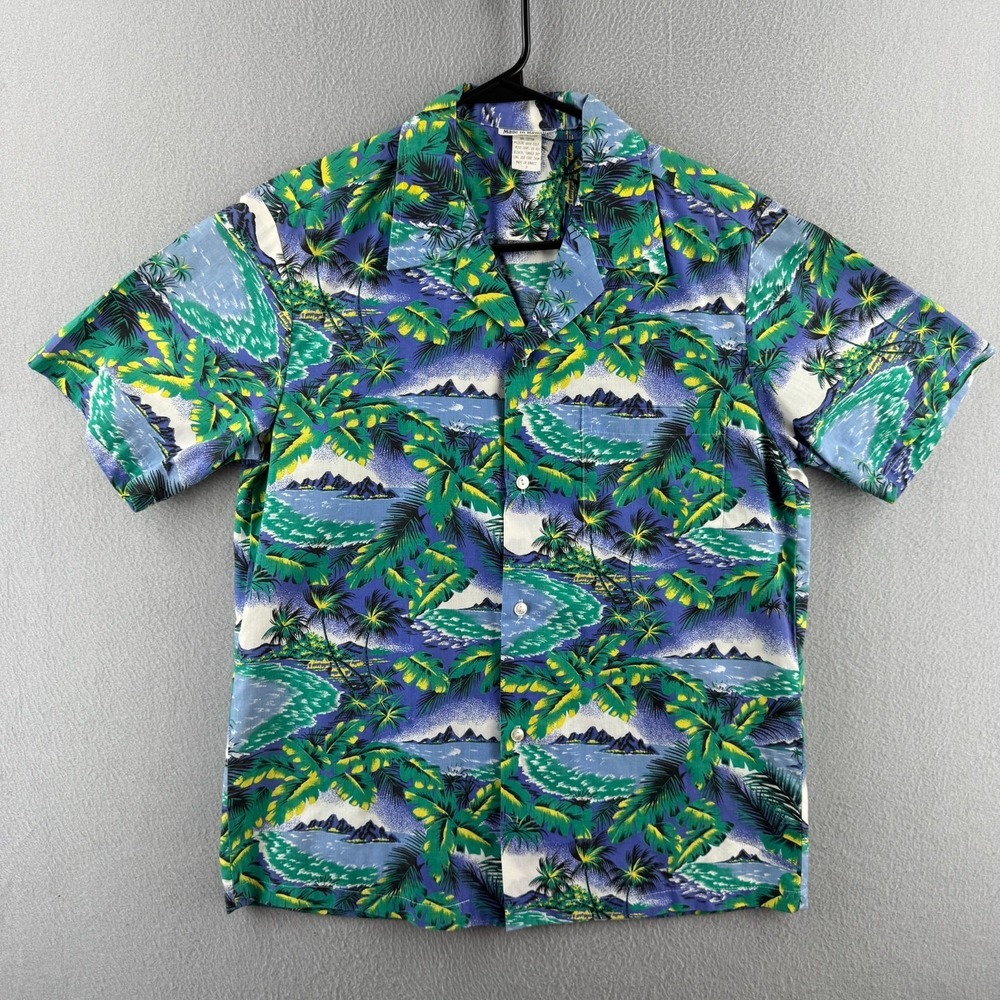 Vintage 70s Hawaii Shirt Mens Small Blue Aloha Cotton Made in USA Camp Button Up